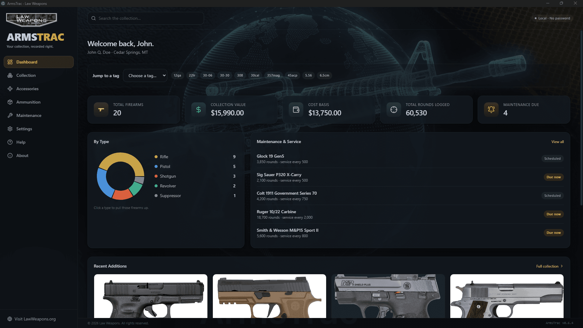 ArmsTrac dashboard showing total firearms, collection value, cost basis, and maintenance-due alerts