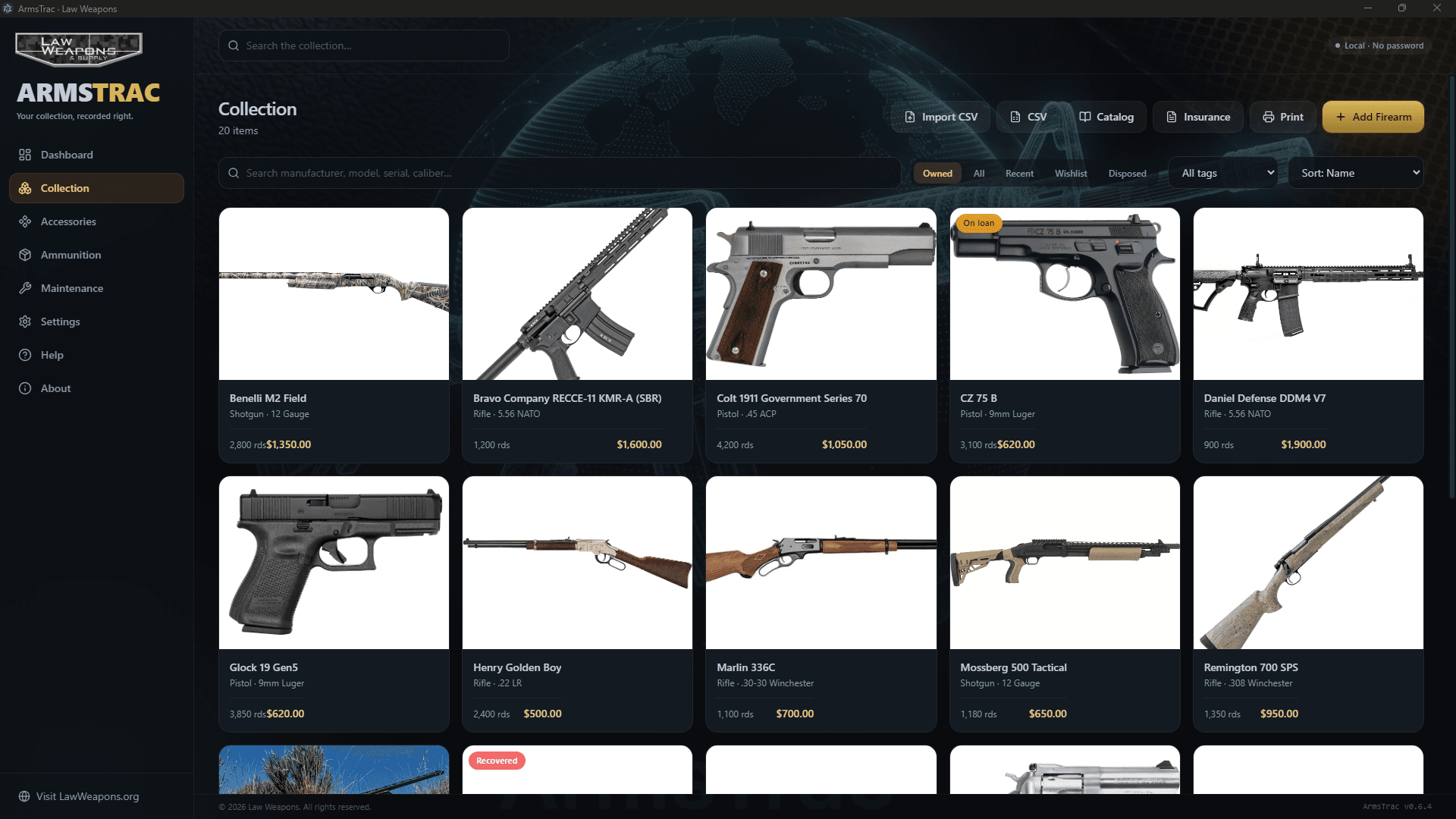 ArmsTrac collection grid with firearm photos, values and round counts