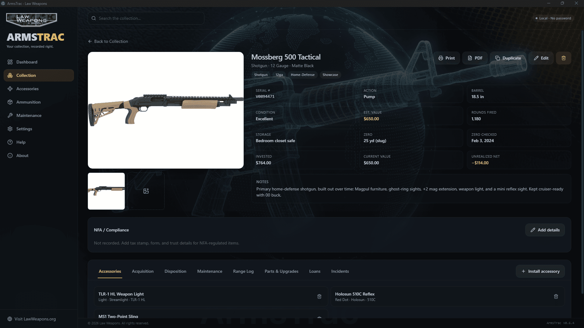 ArmsTrac firearm detail page with photos, specifications and cost basis