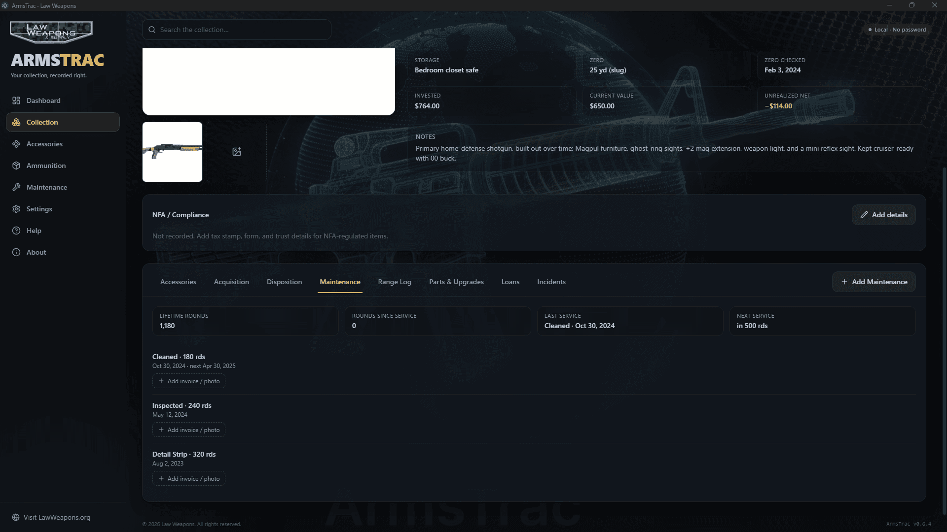 ArmsTrac per-firearm maintenance history with rounds since service and next service due