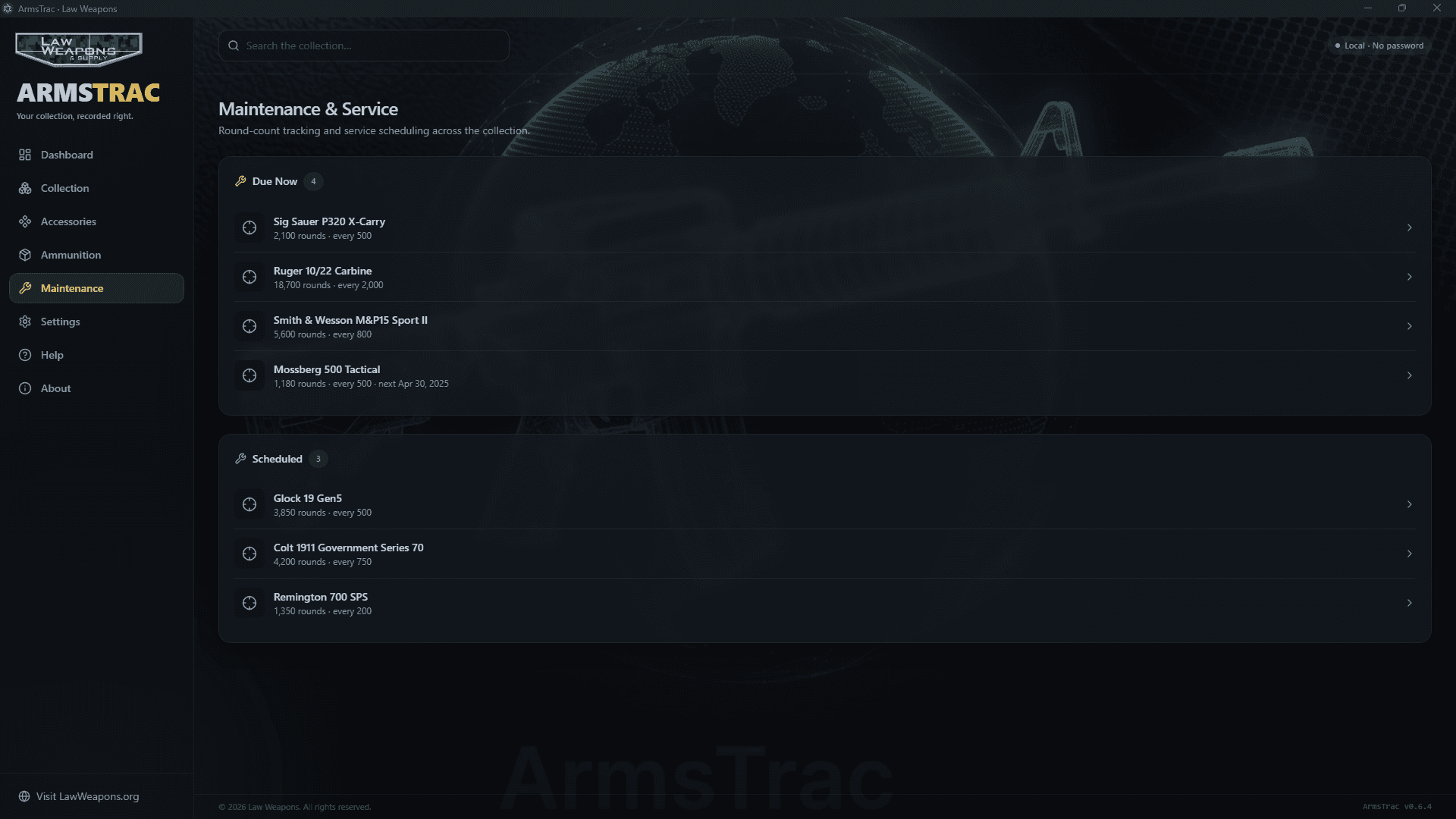 ArmsTrac maintenance page showing firearms due for service by round count