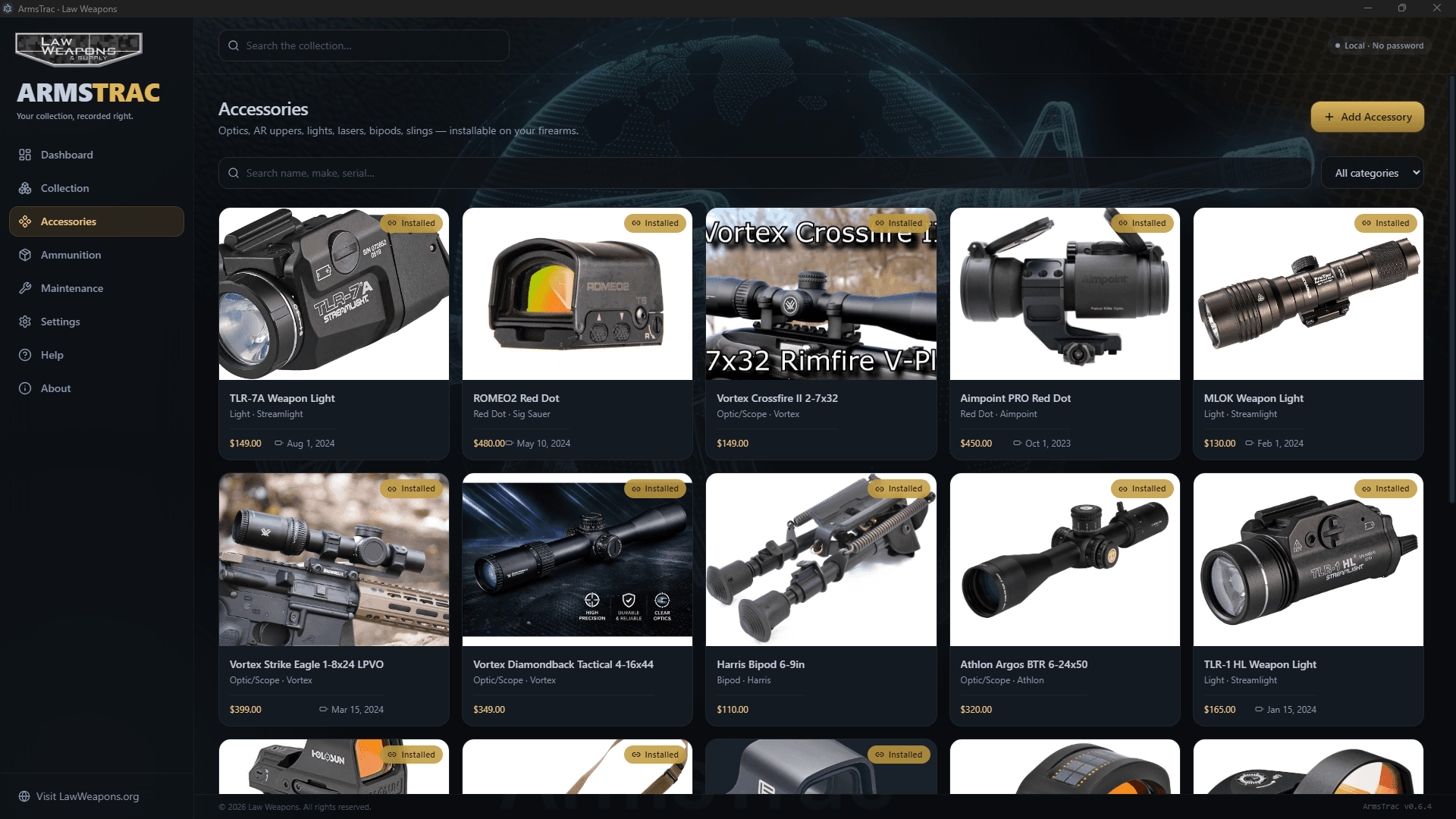 ArmsTrac accessories page with optics, lights and red dots