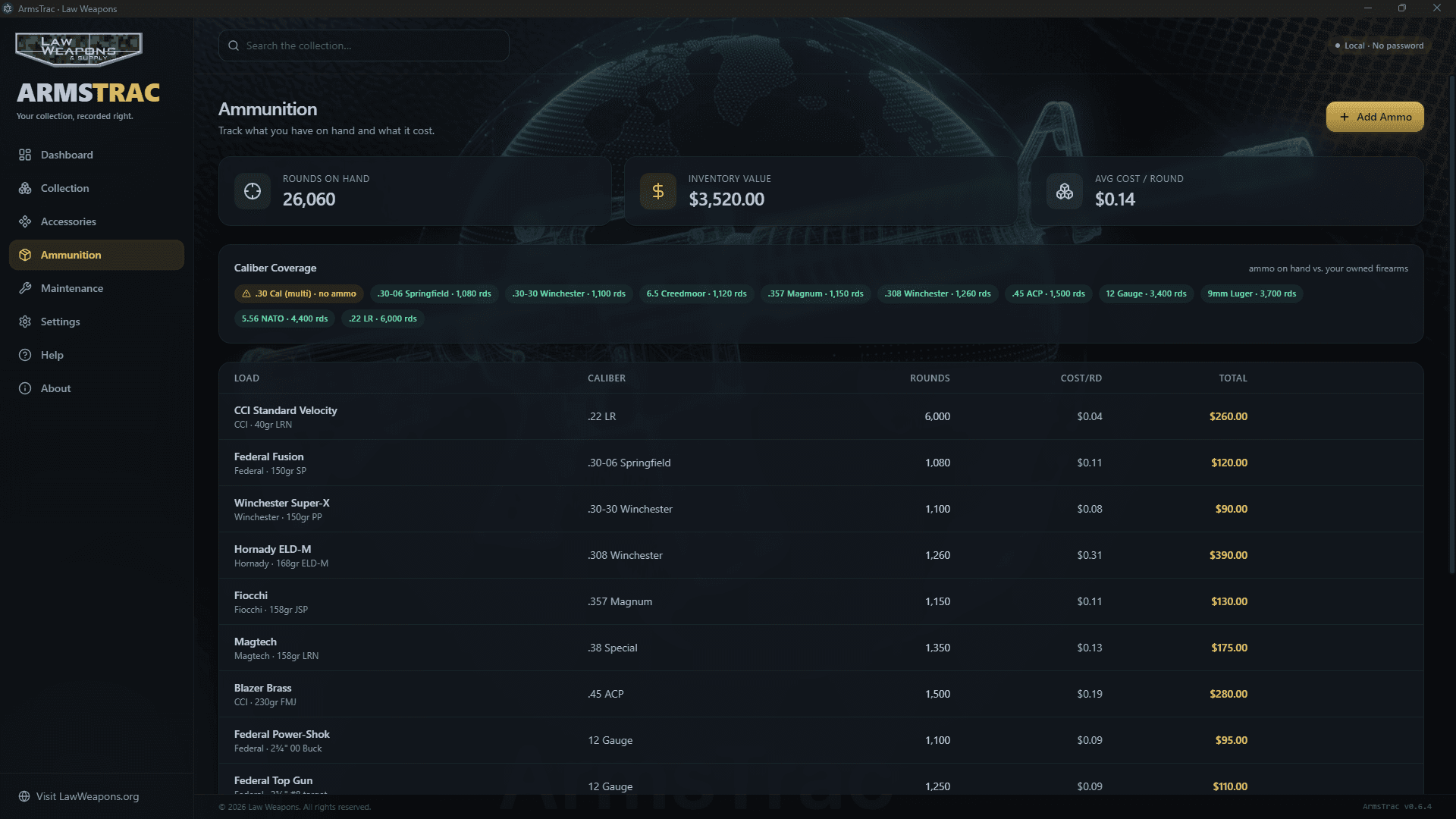 ArmsTrac ammunition inventory with rounds on hand, value and cost per round